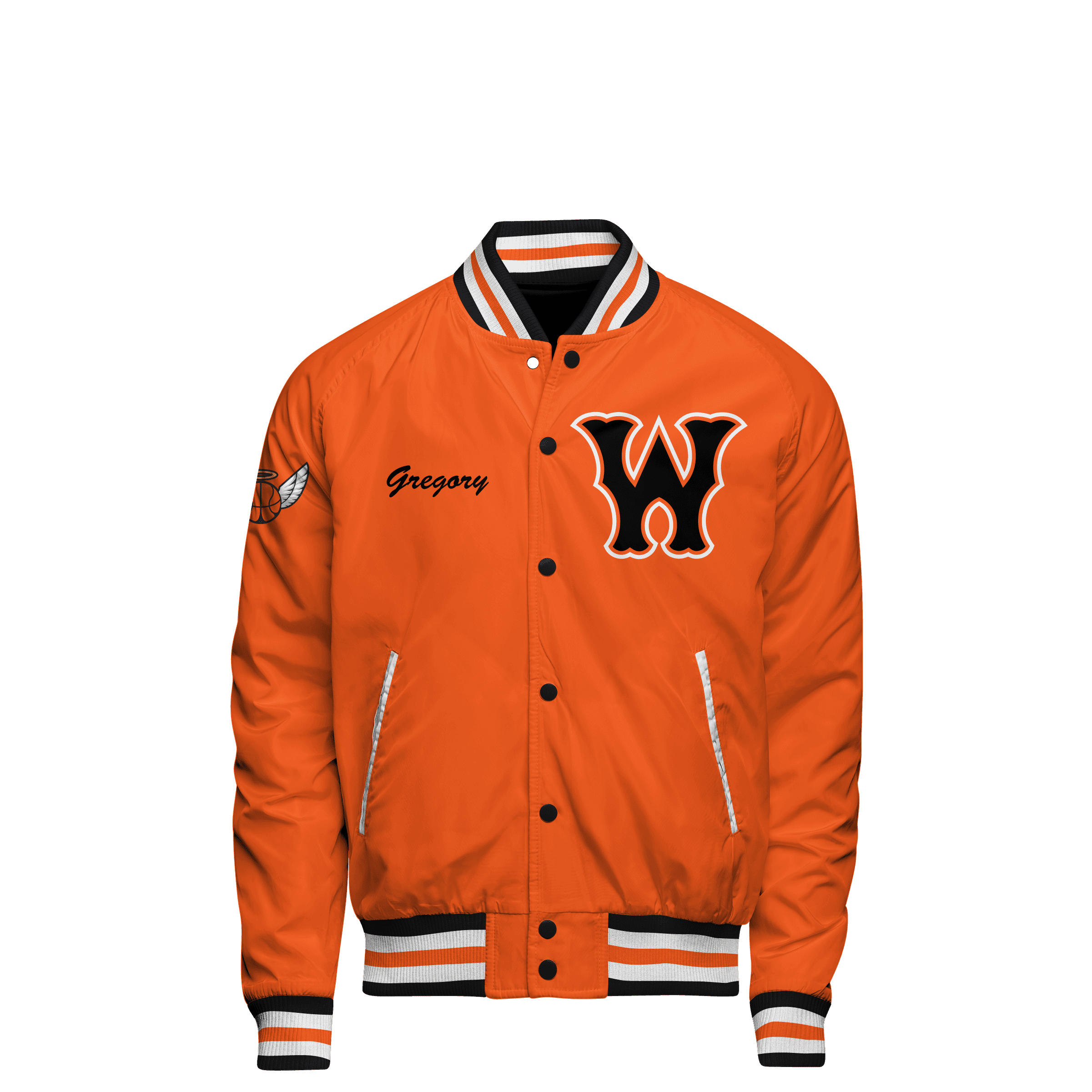 Wholesale Orange Letter Patched Contrast Sleeve Varsity Jacket